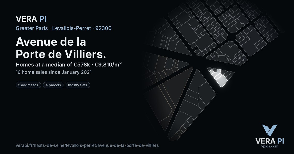 Avenue de la Porte de Villiers, Levallois-Perret at night – every parcel coloured by the prices around it, the street's own parcels lit