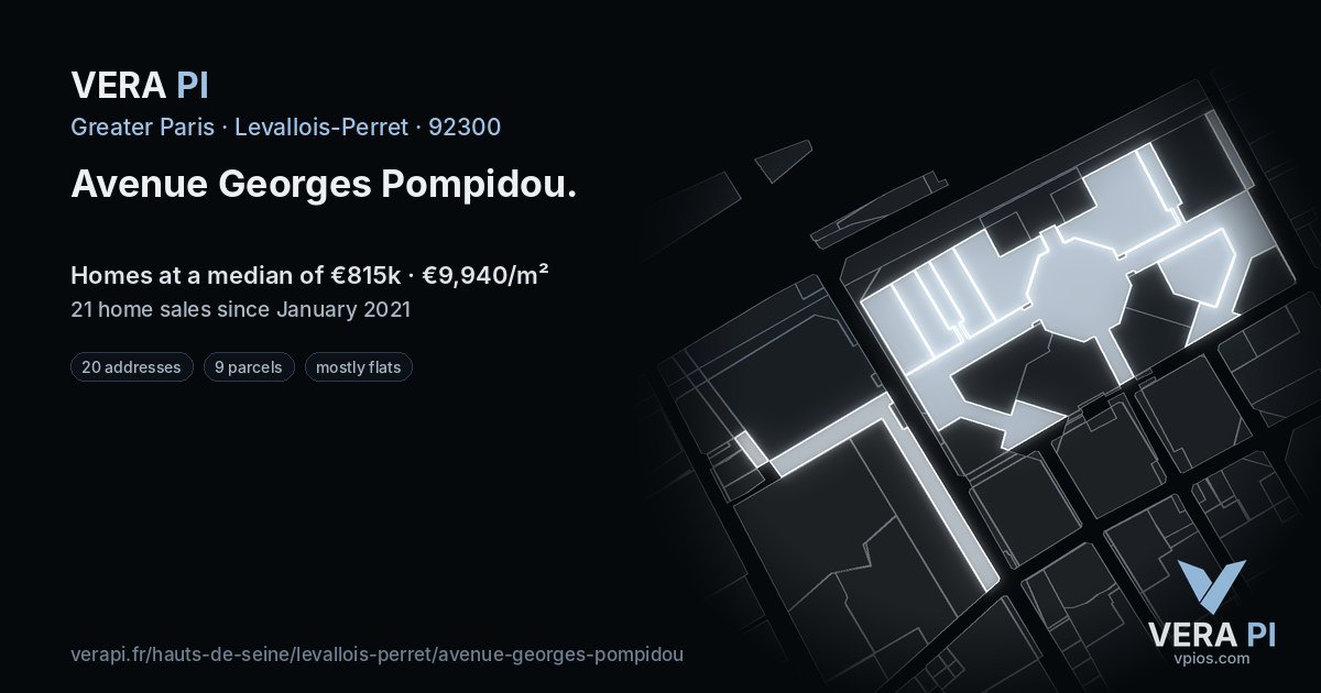 Avenue Georges Pompidou, Levallois-Perret at night – every parcel coloured by the prices around it, the street's own parcels lit
