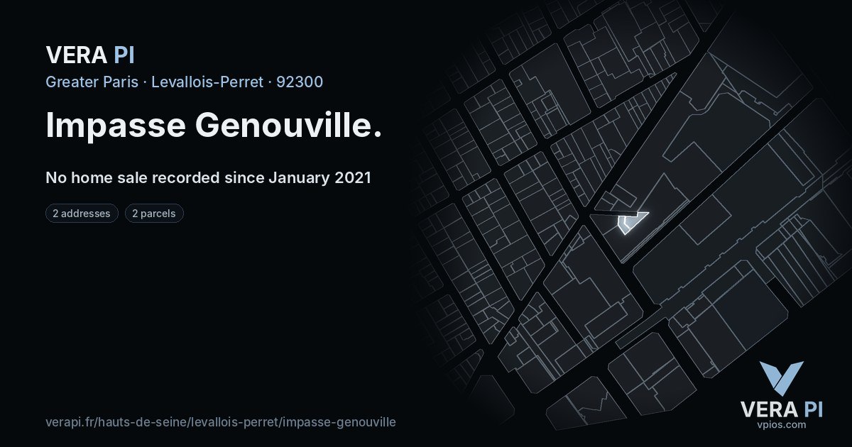 Impasse Genouville, Levallois-Perret at night – every parcel coloured by the prices around it, the street's own parcels lit