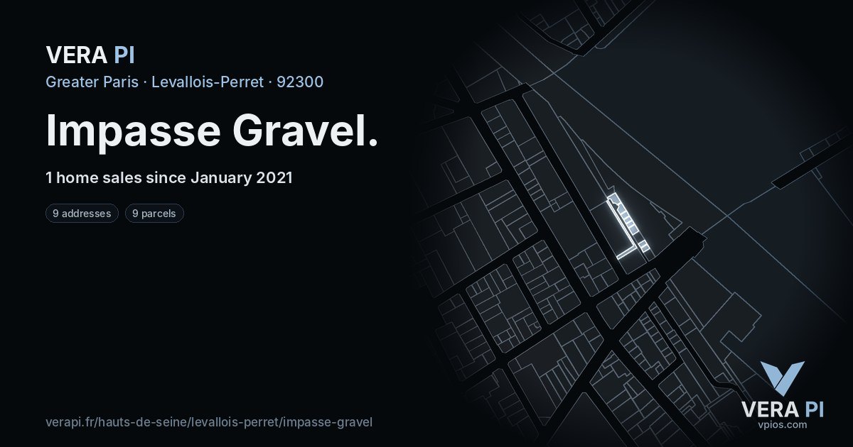 Impasse Gravel, Levallois-Perret at night – every parcel coloured by the prices around it, the street's own parcels lit