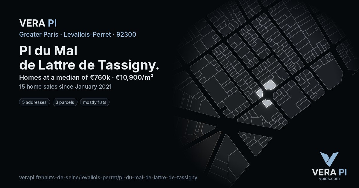 Pl du Mal de Lattre de Tassigny, Levallois-Perret at night – every parcel coloured by the prices around it, the street's own parcels lit