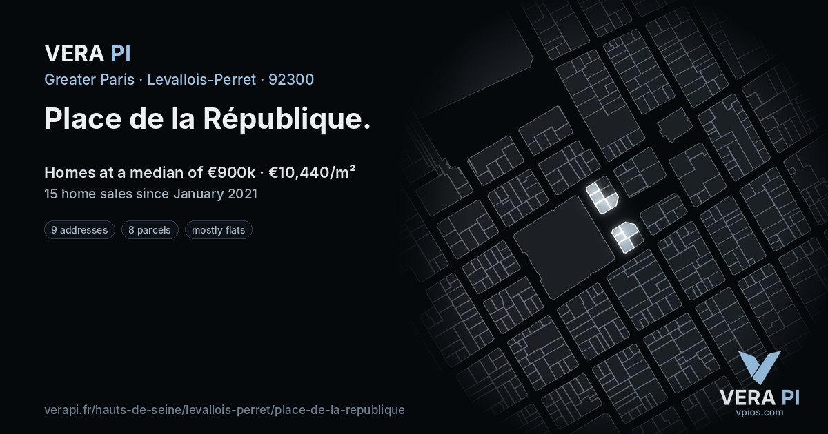 Place de la République, Levallois-Perret at night – every parcel coloured by the prices around it, the street's own parcels lit