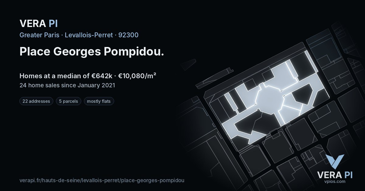 Place Georges Pompidou, Levallois-Perret at night – every parcel coloured by the prices around it, the street's own parcels lit