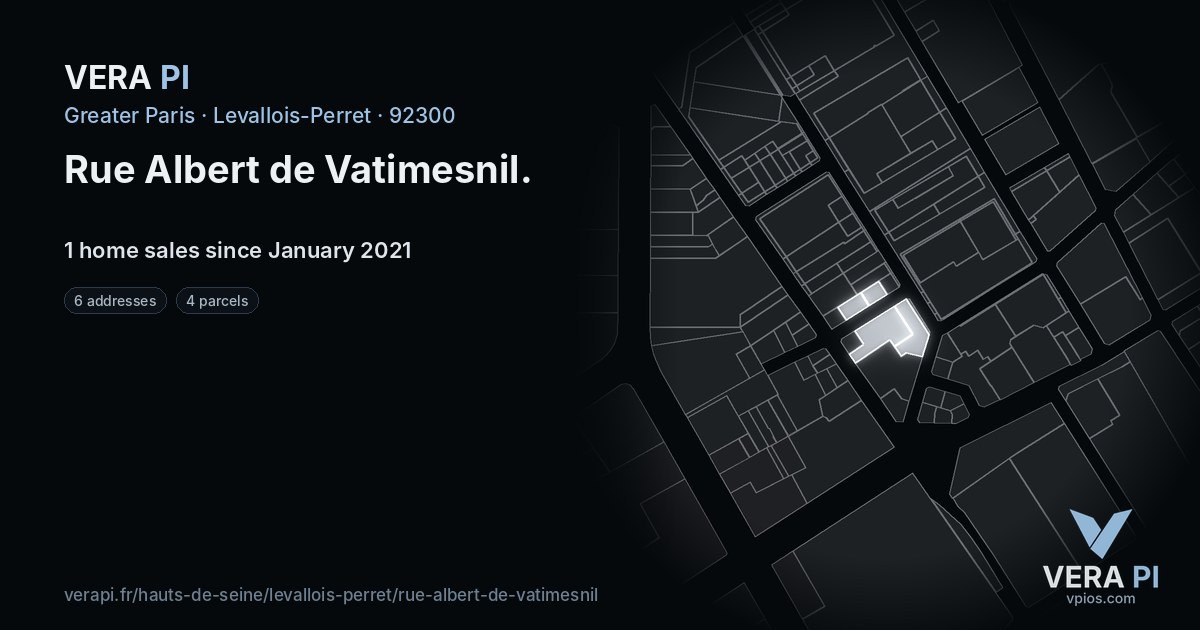 Rue Albert de Vatimesnil, Levallois-Perret at night – every parcel coloured by the prices around it, the street's own parcels lit