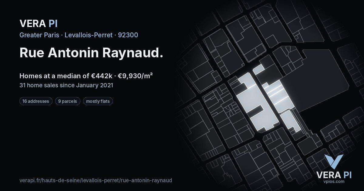 Rue Antonin Raynaud, Levallois-Perret at night – every parcel coloured by the prices around it, the street's own parcels lit