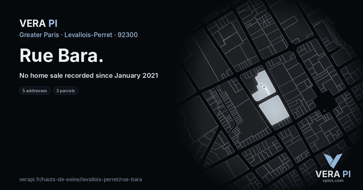 Rue Bara, Levallois-Perret at night – every parcel coloured by the prices around it, the street's own parcels lit