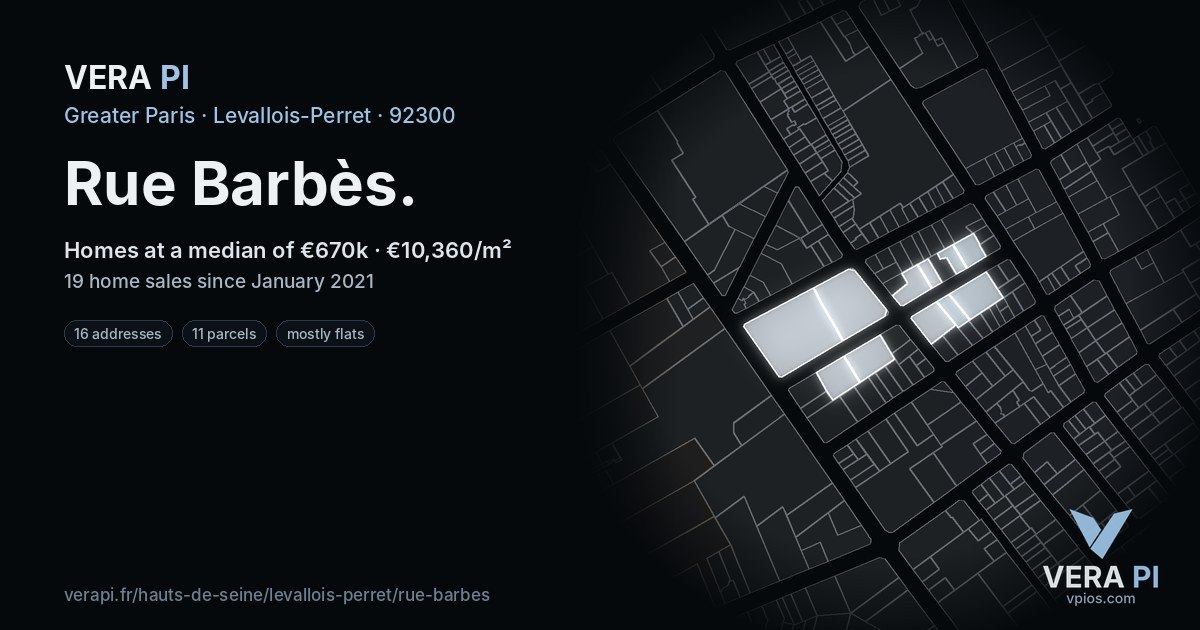 Rue Barbès, Levallois-Perret at night – every parcel coloured by the prices around it, the street's own parcels lit