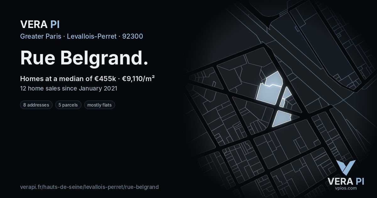 Rue Belgrand, Levallois-Perret at night – every parcel coloured by the prices around it, the street's own parcels lit