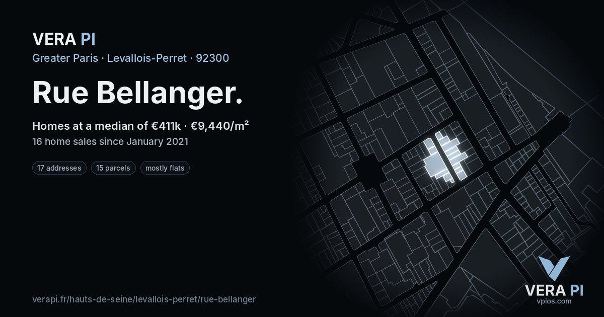 Rue Bellanger, Levallois-Perret at night – every parcel coloured by the prices around it, the street's own parcels lit