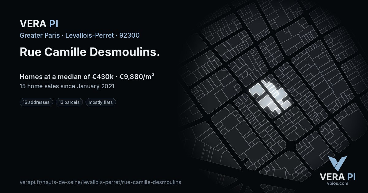 Rue Camille Desmoulins, Levallois-Perret at night – every parcel coloured by the prices around it, the street's own parcels lit