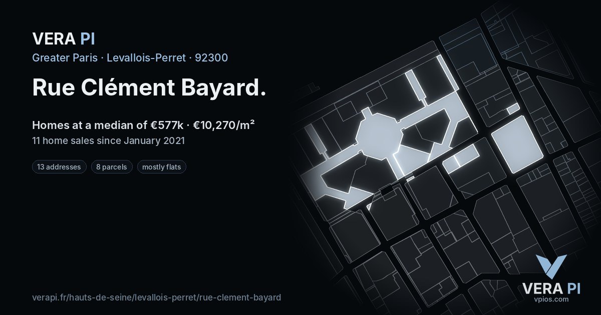 Rue Clément Bayard, Levallois-Perret at night – every parcel coloured by the prices around it, the street's own parcels lit
