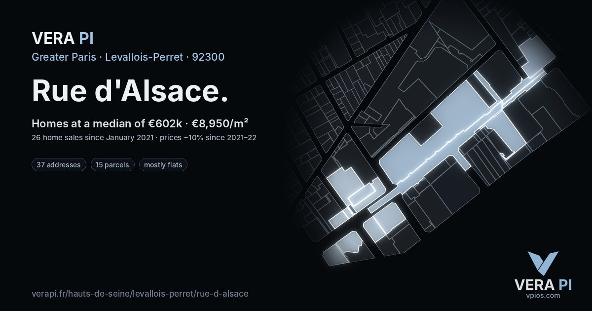 Rue d'Alsace, Levallois-Perret at night – every parcel coloured by the prices around it, the street's own parcels lit