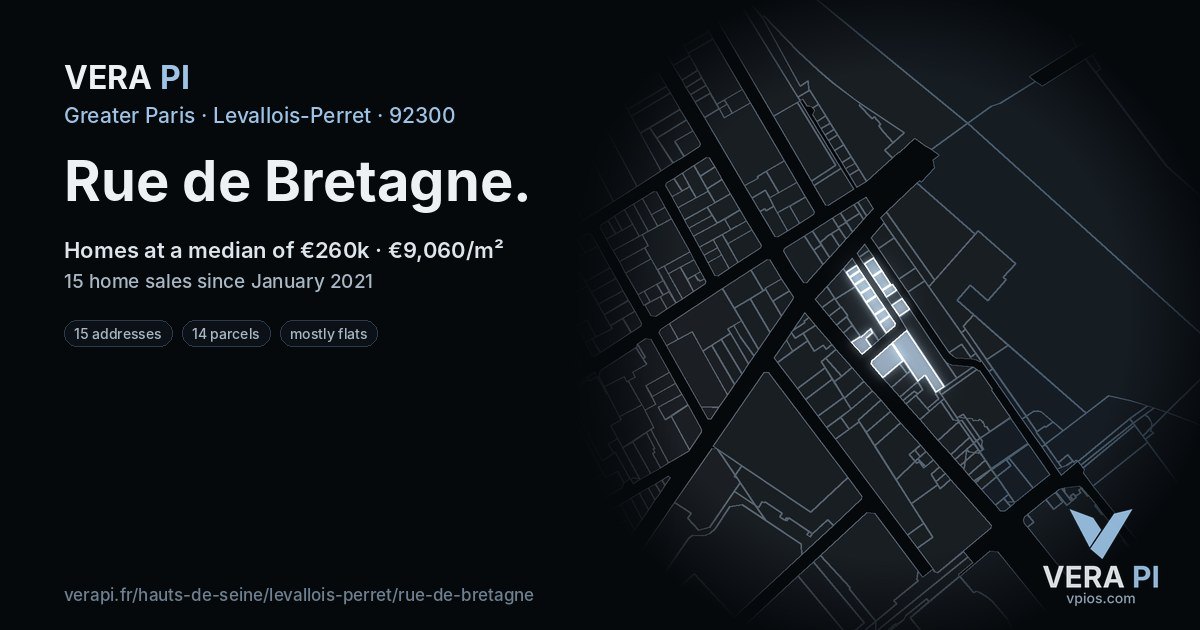 Rue de Bretagne, Levallois-Perret at night – every parcel coloured by the prices around it, the street's own parcels lit