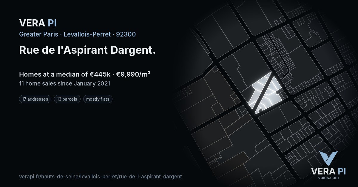 Rue de l'Aspirant Dargent, Levallois-Perret at night – every parcel coloured by the prices around it, the street's own parcels lit