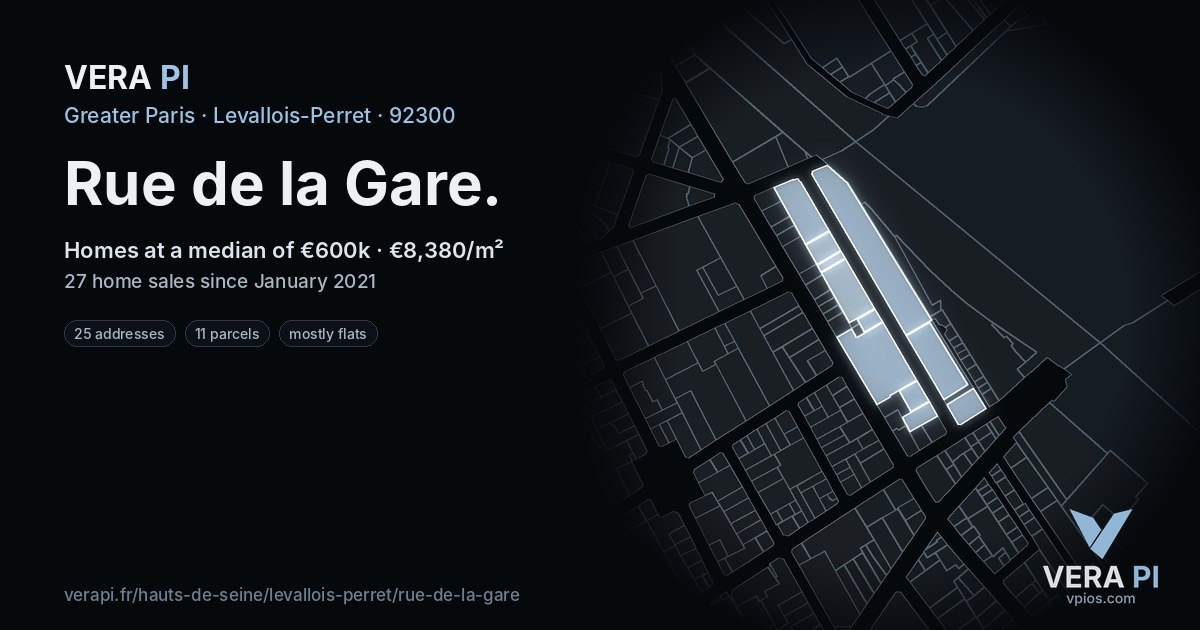 Rue de la Gare, Levallois-Perret at night – every parcel coloured by the prices around it, the street's own parcels lit