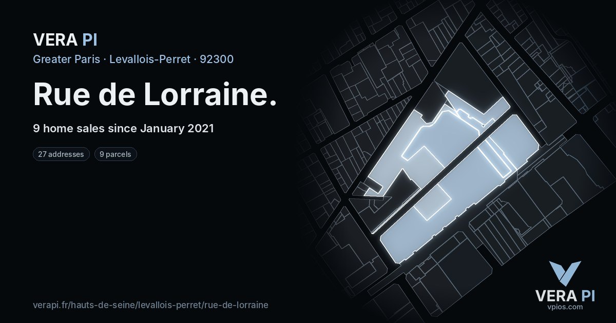Rue de Lorraine, Levallois-Perret at night – every parcel coloured by the prices around it, the street's own parcels lit