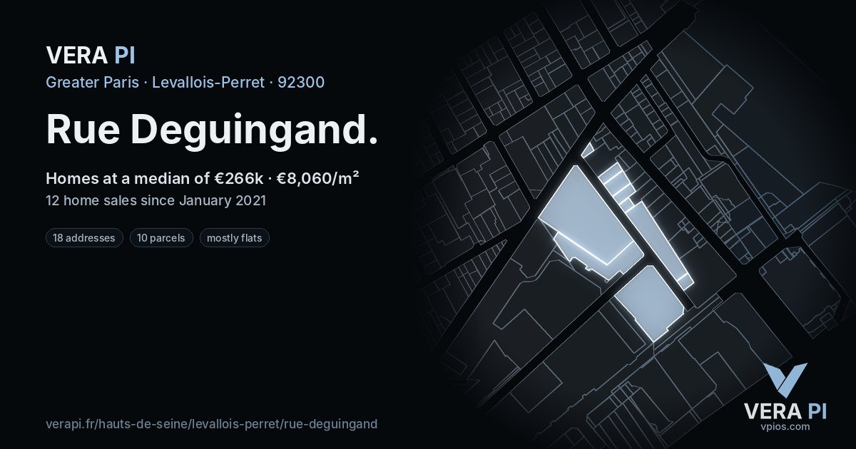 Rue Deguingand, Levallois-Perret at night – every parcel coloured by the prices around it, the street's own parcels lit