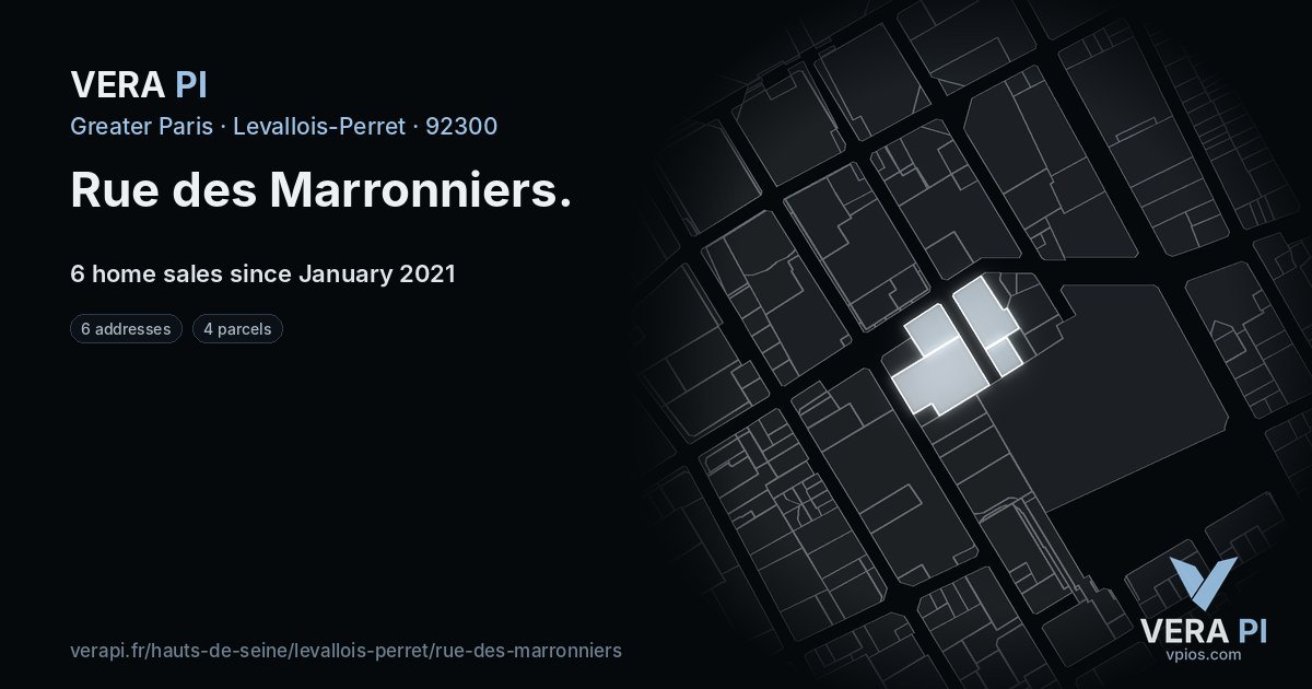 Rue des Marronniers, Levallois-Perret at night – every parcel coloured by the prices around it, the street's own parcels lit