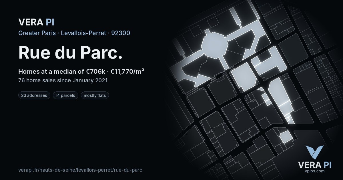 Rue du Parc, Levallois-Perret at night – every parcel coloured by the prices around it, the street's own parcels lit