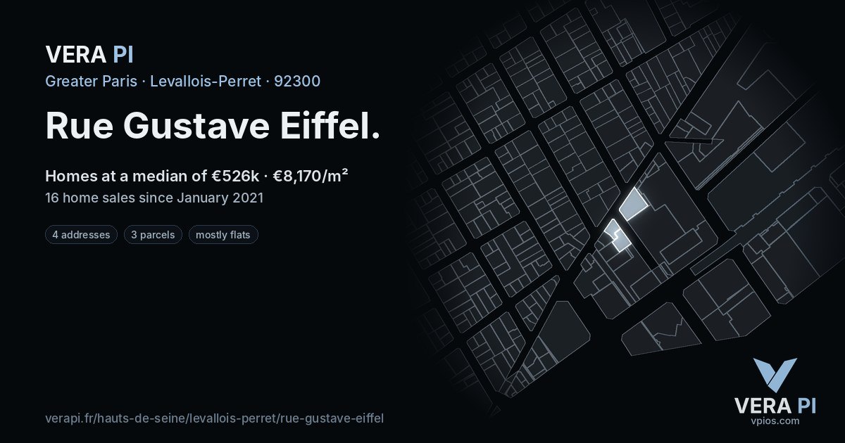 Rue Gustave Eiffel, Levallois-Perret at night – every parcel coloured by the prices around it, the street's own parcels lit