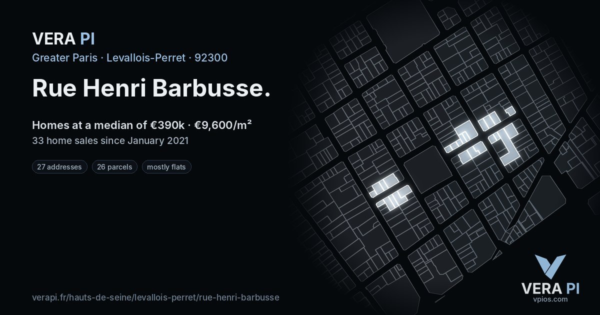 Rue Henri Barbusse, Levallois-Perret at night – every parcel coloured by the prices around it, the street's own parcels lit