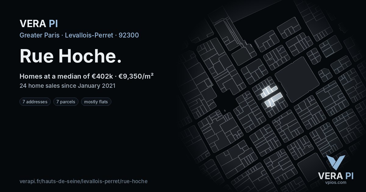 Rue Hoche, Levallois-Perret at night – every parcel coloured by the prices around it, the street's own parcels lit