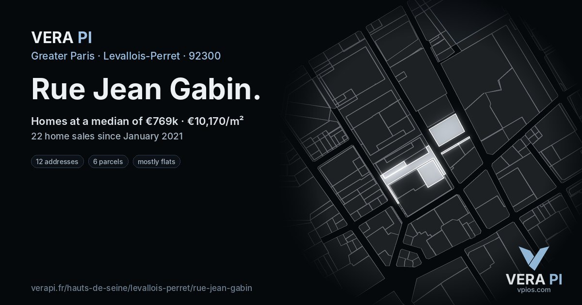 Rue Jean Gabin, Levallois-Perret at night – every parcel coloured by the prices around it, the street's own parcels lit