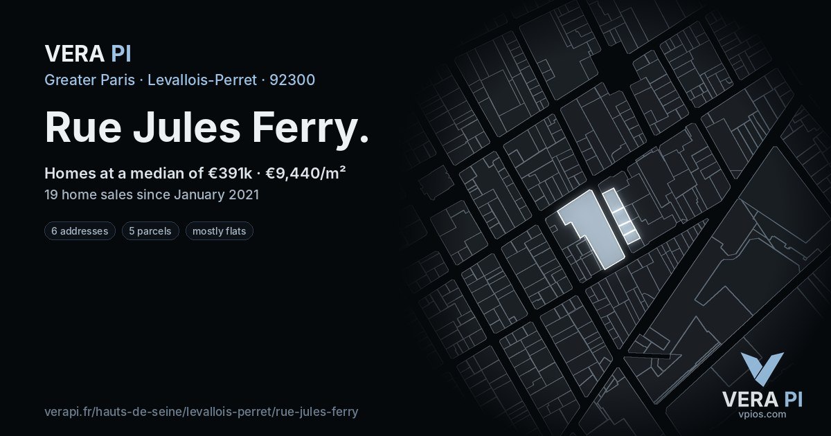 Rue Jules Ferry, Levallois-Perret at night – every parcel coloured by the prices around it, the street's own parcels lit