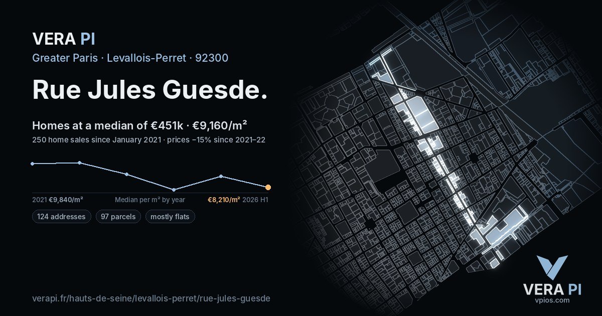 Rue Jules Guesde, Levallois-Perret at night – every parcel coloured by the prices around it, the street's own parcels lit