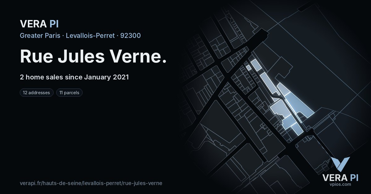 Rue Jules Verne, Levallois-Perret at night – every parcel coloured by the prices around it, the street's own parcels lit