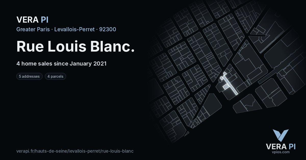 Rue Louis Blanc, Levallois-Perret at night – every parcel coloured by the prices around it, the street's own parcels lit