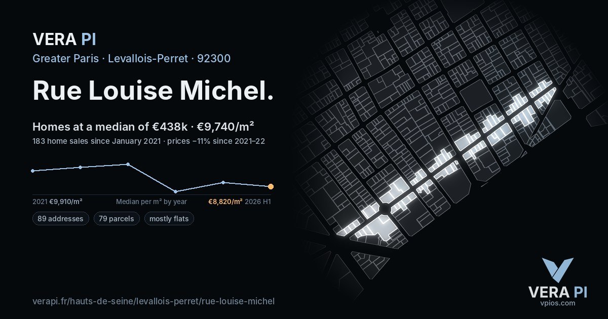 Rue Louise Michel, Levallois-Perret at night – every parcel coloured by the prices around it, the street's own parcels lit