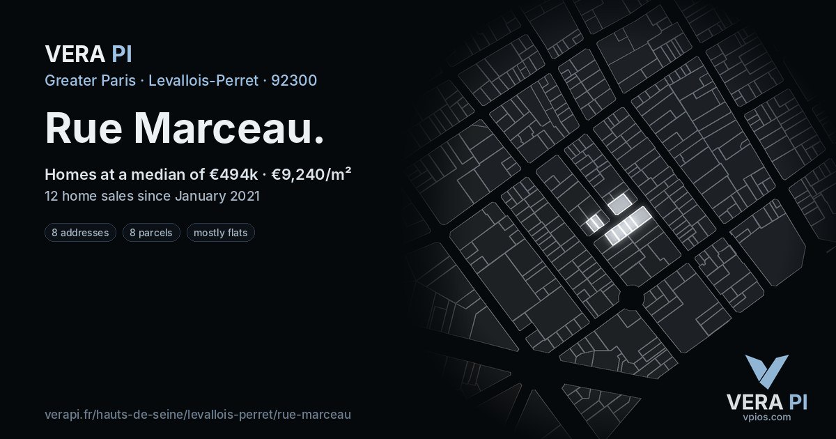 Rue Marceau, Levallois-Perret at night – every parcel coloured by the prices around it, the street's own parcels lit