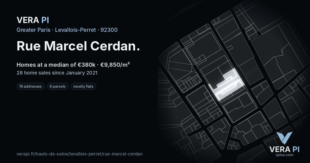 Rue Marcel Cerdan, Levallois-Perret at night – every parcel coloured by the prices around it, the street's own parcels lit