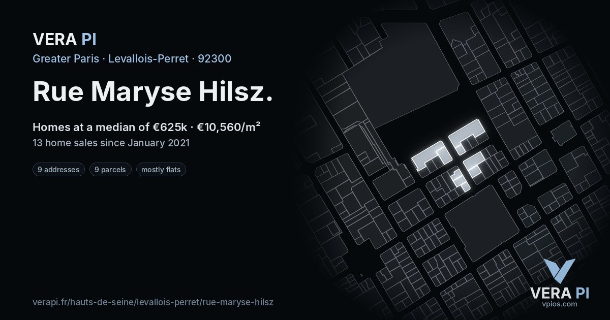 Rue Maryse Hilsz, Levallois-Perret at night – every parcel coloured by the prices around it, the street's own parcels lit