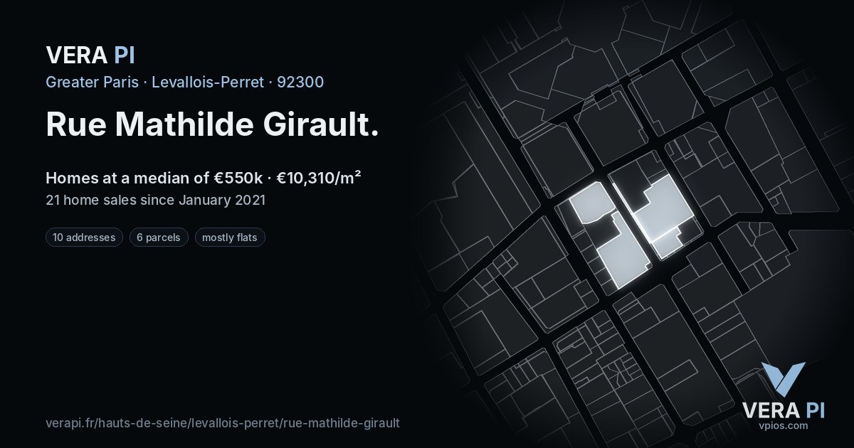Rue Mathilde Girault, Levallois-Perret at night – every parcel coloured by the prices around it, the street's own parcels lit