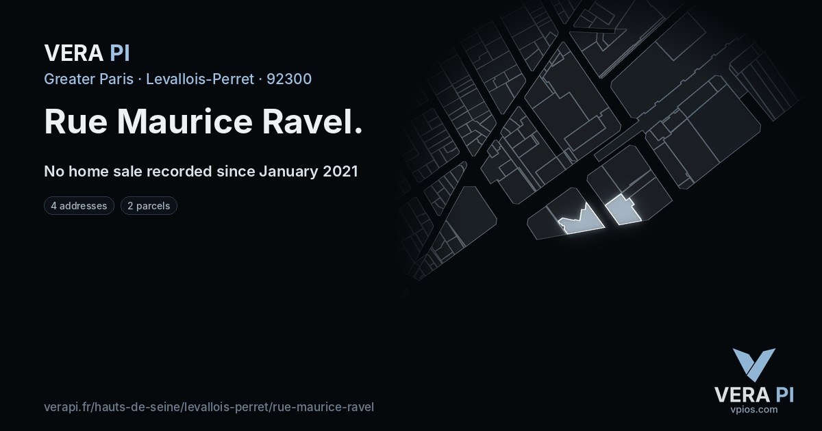 Rue Maurice Ravel, Levallois-Perret at night – every parcel coloured by the prices around it, the street's own parcels lit