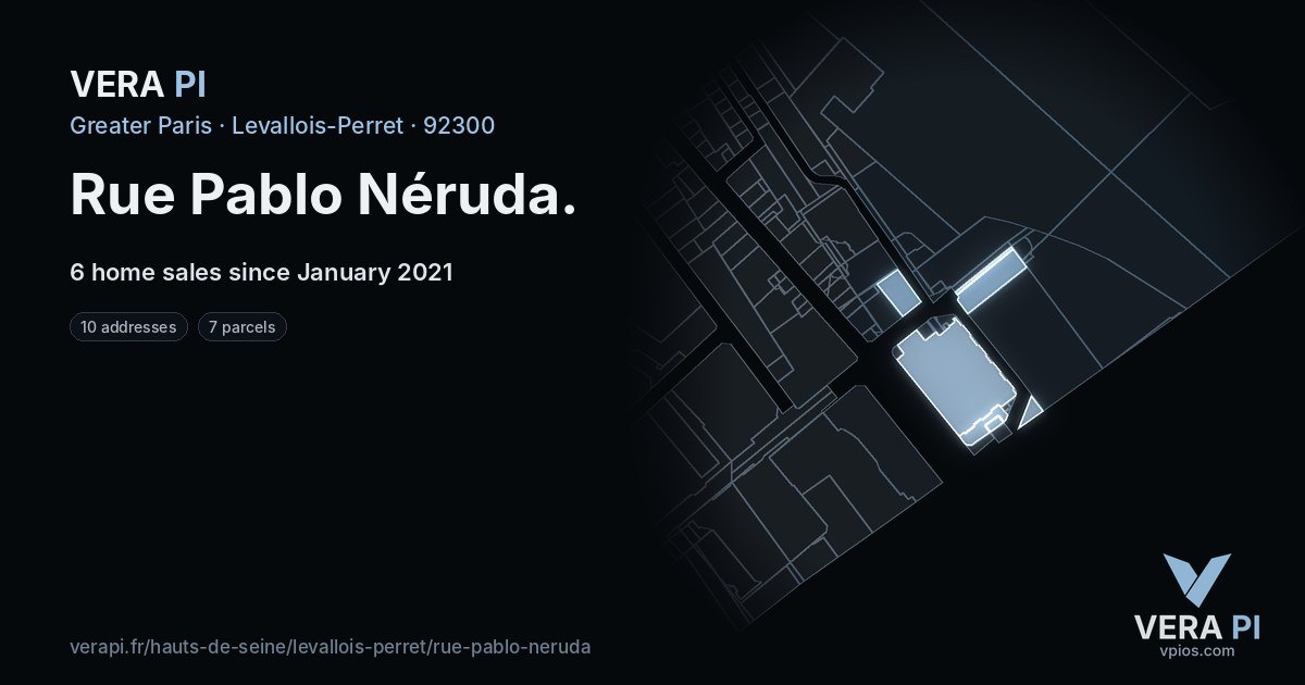 Rue Pablo Néruda, Levallois-Perret at night – every parcel coloured by the prices around it, the street's own parcels lit