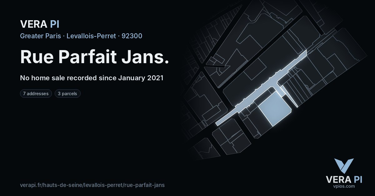 Rue Parfait Jans, Levallois-Perret at night – every parcel coloured by the prices around it, the street's own parcels lit