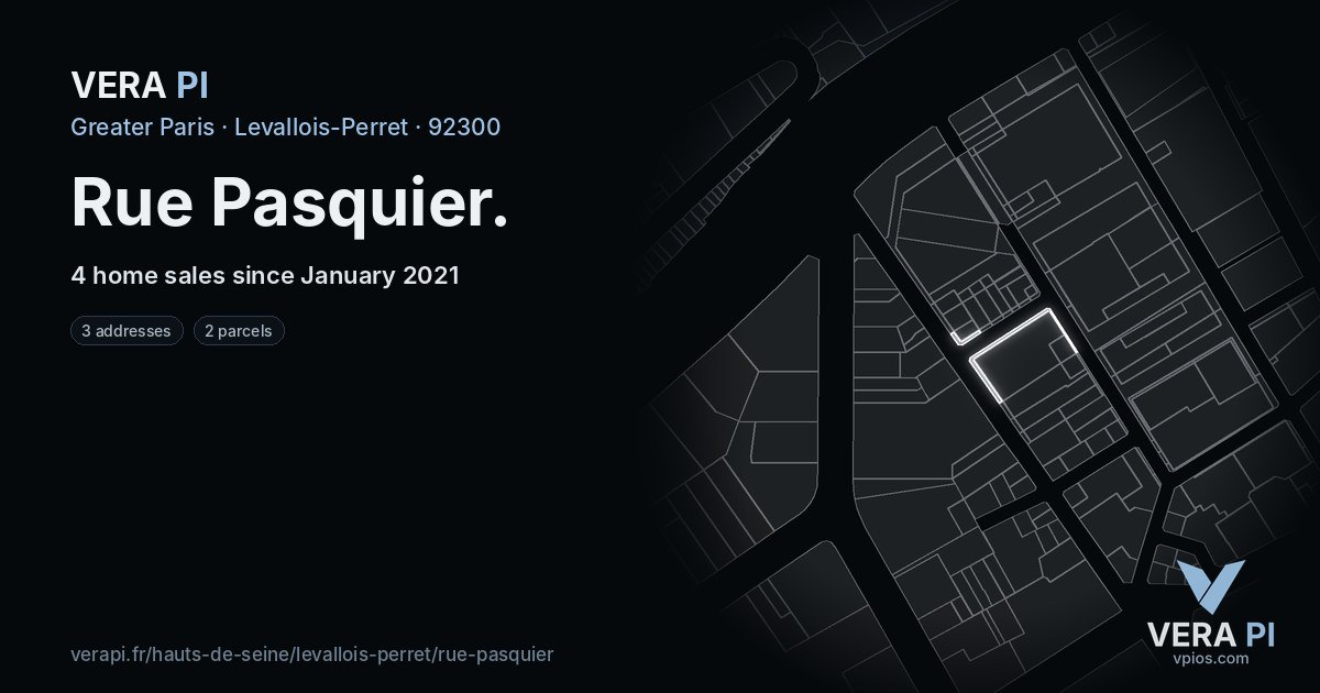 Rue Pasquier, Levallois-Perret at night – every parcel coloured by the prices around it, the street's own parcels lit