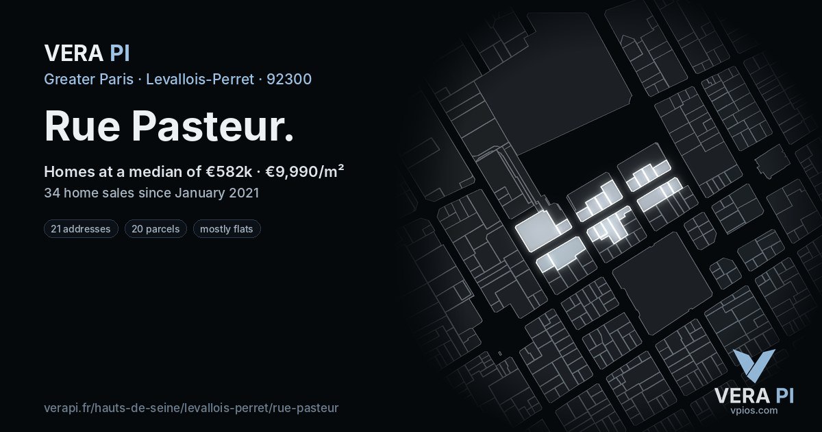 Rue Pasteur, Levallois-Perret at night – every parcel coloured by the prices around it, the street's own parcels lit