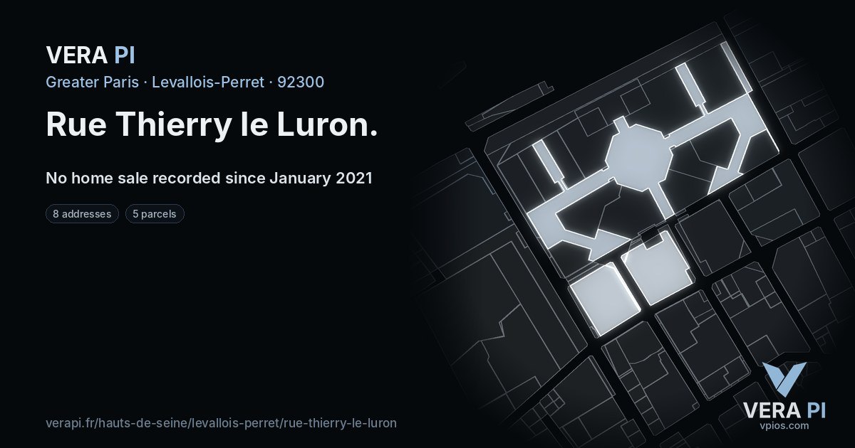 Rue Thierry le Luron, Levallois-Perret at night – every parcel coloured by the prices around it, the street's own parcels lit