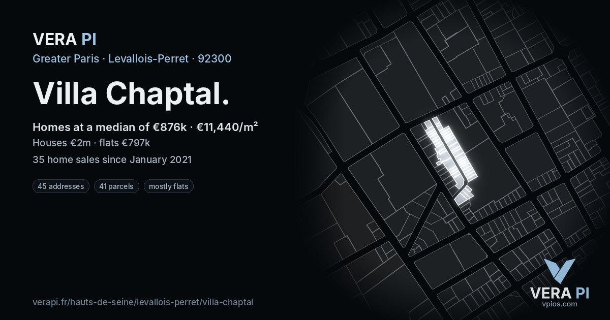 Villa Chaptal, Levallois-Perret at night – every parcel coloured by the prices around it, the street's own parcels lit