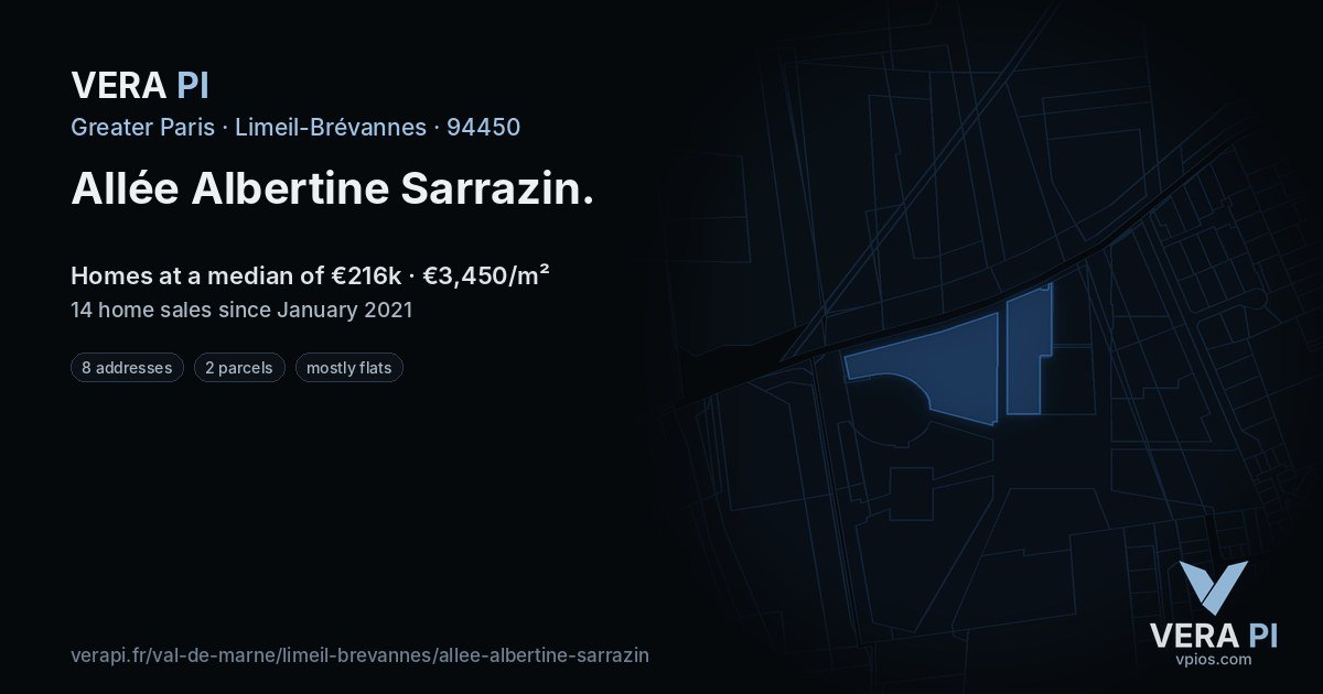 Allée Albertine Sarrazin, Limeil-Brévannes at night – every parcel coloured by the prices around it, the street's own parcels lit