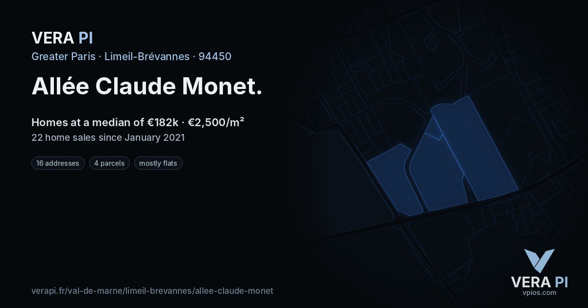 Allée Claude Monet, Limeil-Brévannes at night – every parcel coloured by the prices around it, the street's own parcels lit