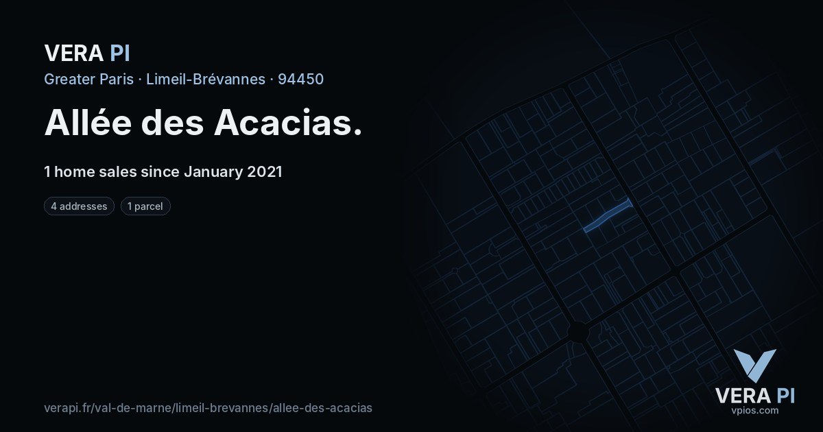 Allée des Acacias, Limeil-Brévannes at night – every parcel coloured by the prices around it, the street's own parcels lit