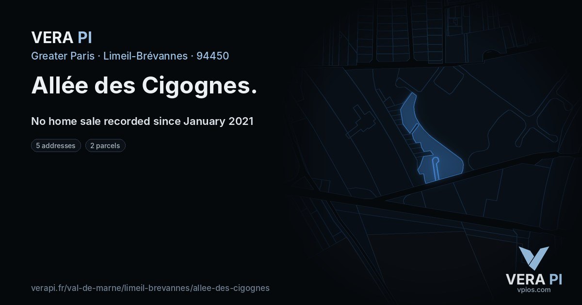 Allée des Cigognes, Limeil-Brévannes at night – every parcel coloured by the prices around it, the street's own parcels lit