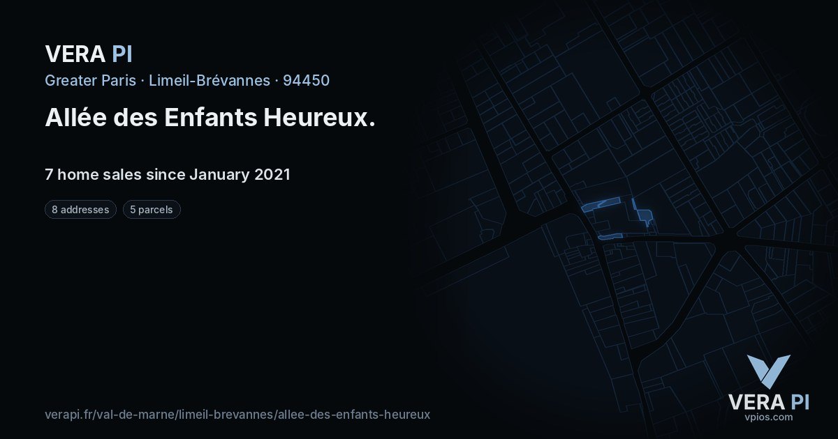 Allée des Enfants Heureux, Limeil-Brévannes at night – every parcel coloured by the prices around it, the street's own parcels lit