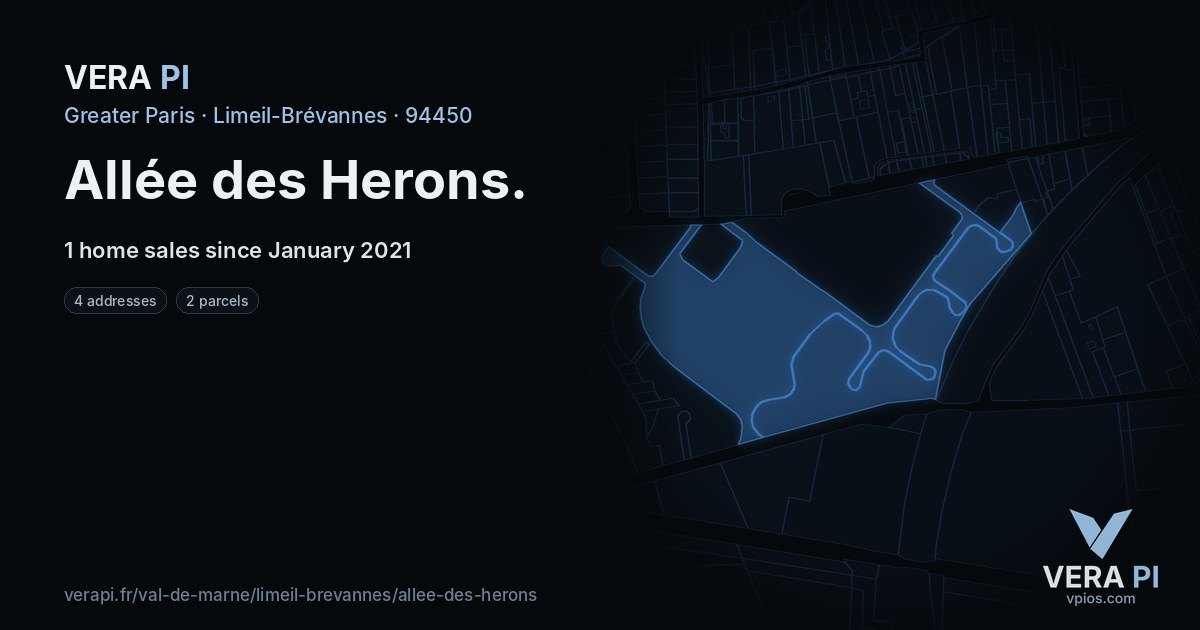 Allée des Herons, Limeil-Brévannes at night – every parcel coloured by the prices around it, the street's own parcels lit