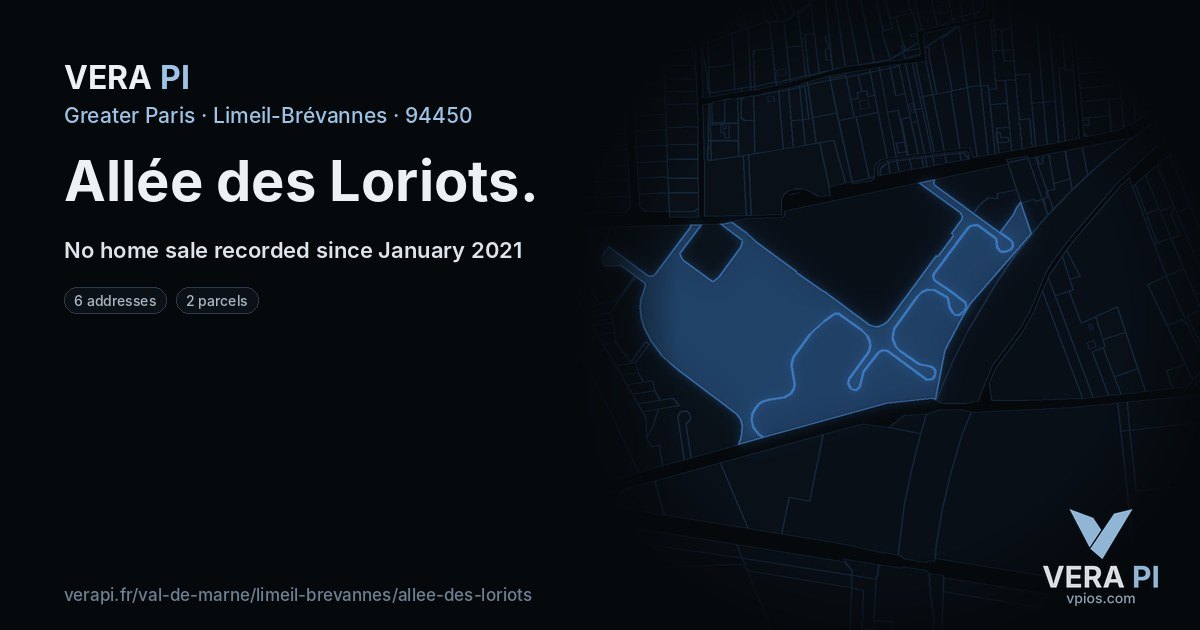 Allée des Loriots, Limeil-Brévannes at night – every parcel coloured by the prices around it, the street's own parcels lit